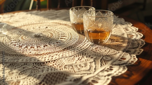  two glasses sitting on top of a doily on top of a table next to a glass filled with liquid.