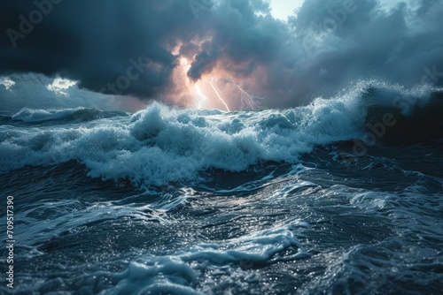 Stormy seascape with stormy sea waves and sun rays