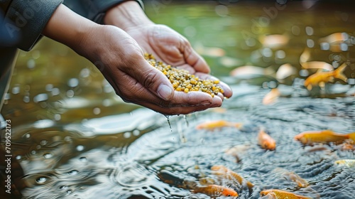 Aquaculture farmers hand hold food for feeding fish in pond in local agriculture farmland.Fish feed in a hand at fish farm