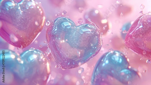  a group of heart shaped bubbles floating on top of a pink and blue liquid filled air filled with air bubbles.