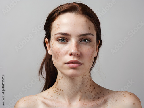 portrait of women's face and body from illness, mosquito bites, roseola, rubella, measles | red dot on the skin |skin rashes