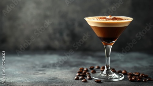  a close up of a drink in a glass on a table with coffee beans on the side of the glass.