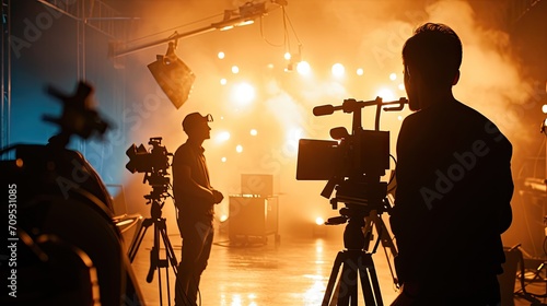 Silhouette images of video production behind the scenes. making of TV commercial movie that film crew team lightman and cameraman working together with film director in studio. film production concept