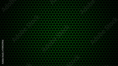 Dark green technology hexagonal vector background. Abstract green bright energy flashes under hexagon in dark technology, modern, futuristic vector illustration. Green honeycomb texture grid.