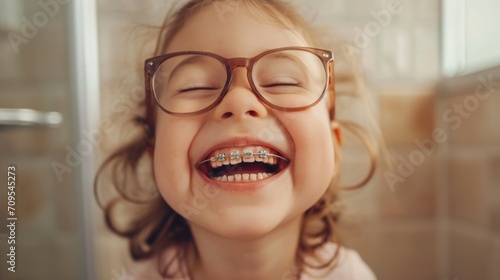 Smiling toddler girl wearing braces and glasses, spending time in the bathroom