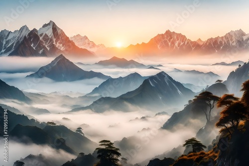 Himalaya Mountains surrounded by a gentle veil of morning mist, showcasing serene valleys and mountain ridges, the rising sun casting a warm glow on the landscape
