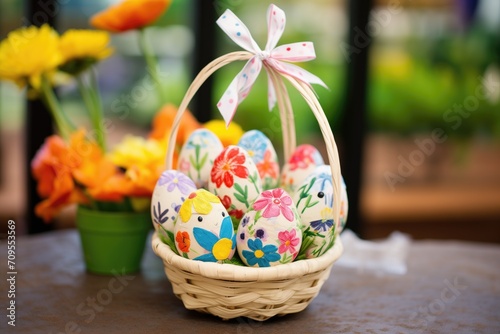 handmade paper mache eggs in basket with fabric lining