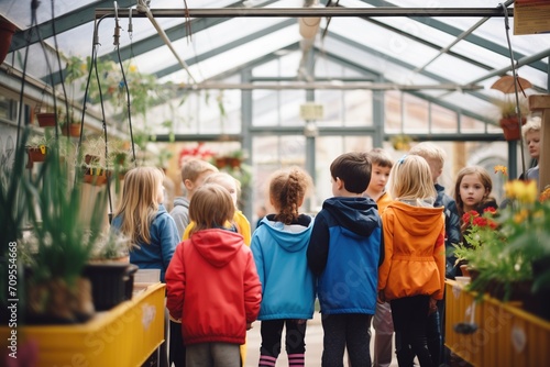 children on an educational tour in a plant conservatory