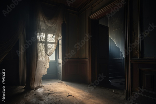 Horror, fantasy, interior concept. Scary, very old, dusty and abandoned house with stairs, wooden walls and window. White material like ghost levitating in empty corridor