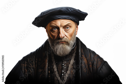 Portrait illustration of Nostradamus. Generative AI image.