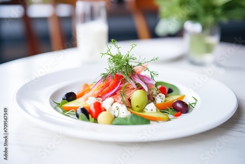 greek salad with feta, olives, and fresh vegetables on white plate