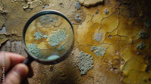  person holding magnifying looking mold on wall background