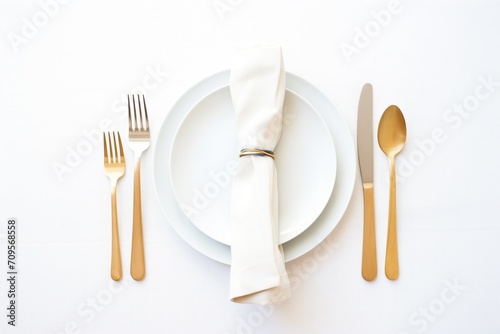 modern cutlery set on a white linen tablecloth