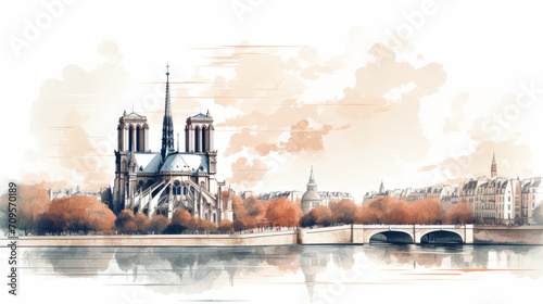 Stylized drawing of Notre-Dame of Paris back view in water color style