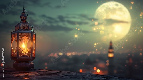 Eid al-fitr Hosni Mubarak mosque and lantern background at night，AI generated.
