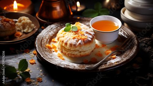 Cream cheese scone with orange jam on a dark background.