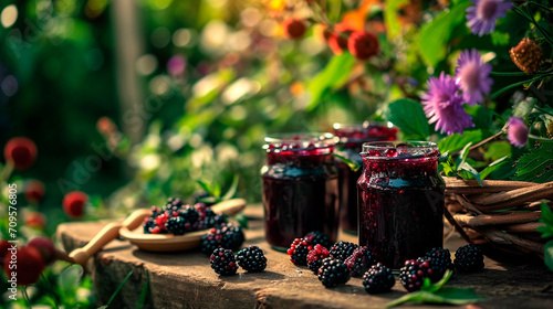 Blackberry jam in the garden. Selective focus.