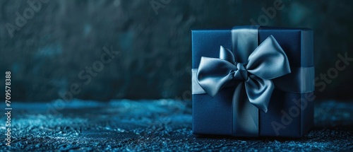 A small, luxurious gift box with a blue bow, positioned on a dark blue table. Side view in monochrome. Suitable for Father's Day, Valentine's Day, corporate gifting, Ai Generated.