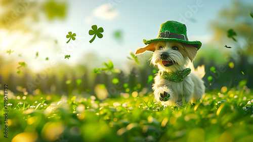 Image of a dog in a green hat and a shamrock 