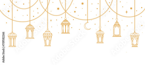 Eid Mubarak or ramadan kareem arabian lamp lanterns. Islamic vintage kerosene lights, muslim ramadan karem old lanterns linear vector background with Middle East antique gas lamps hanging on chains