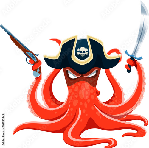 Cartoon octopus pirate, captain and sailor character. Isolated vector menacing kraken brandishing a gun and saber, its tentacles swirling with mischief, ready for a nautical adventure on the high seas