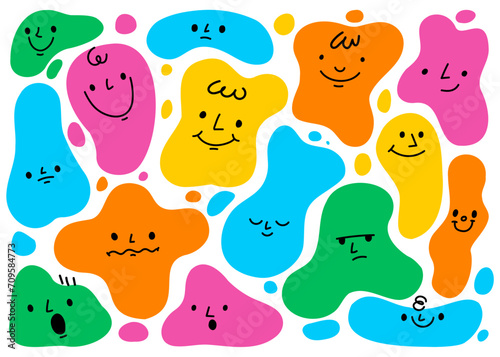 Abstract shapes characters. Hand drawn colorful amorphous mascots with different emotions. Stickers with faces, funny emoji, funny avatars. Vector set