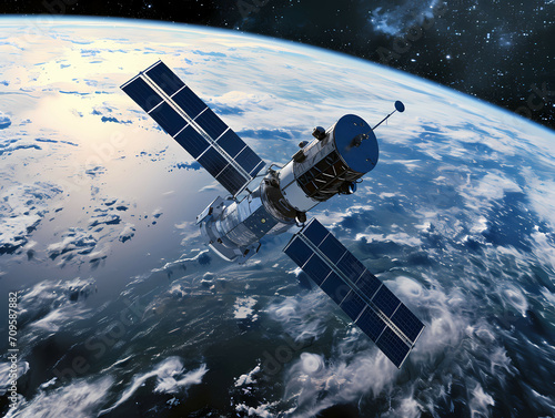 A Modern Satelite In Space, A Satellite In Space Above Earth