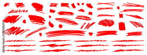 Red vector underlines, marker lines and squiggles. Hand-drawn swooshes, waves, circles, boxes. Freehand pen strokes, scratches, swishes. Paint stroke under lines, scribbles, squiggly grunge splashes