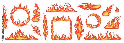 Cartoon red flame. Fire flames, hot fireball, danger wildfire campfire and bonfire elements, fire frames and flaming borders isolated vector set