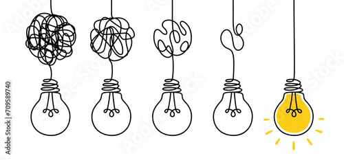 Simplify complex process. Tangled scribble wires with light bulbs from difficult to simple, clarifying idea and complex problem solving process vector concept