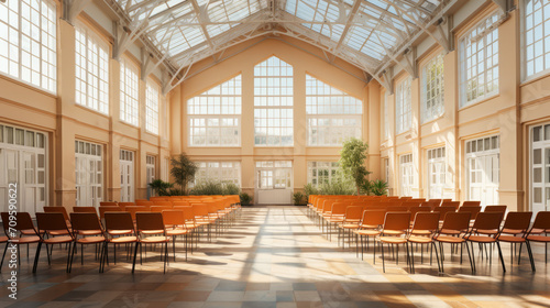 Bright atrium conference space with orange chairs and natural light. Open space concept. Generative AI