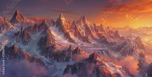 Fantasy landscape with mountains and lake at sunset. 3D illustration, Beautiful mountain landscape many high mountains mountain, sunset over the mountains