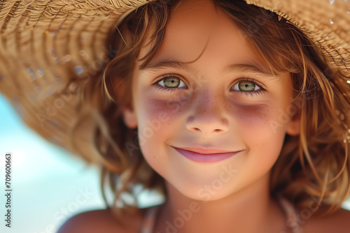 Child portrait of a cute girl in a straw hat on the beach on a summer day, vacation