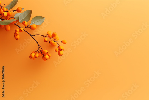 Orange sea buckthorn berries on yellow background. Banner. Place for text.