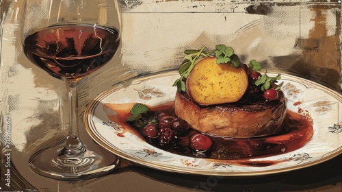 Classic Foie Gras Dish with Red Wine Illustration