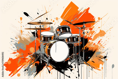  a painting of a drum set with paint splatters on the side of the drum set and a pair of drums on the side of the drum set.
