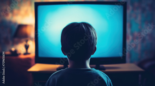 Rear view of a small child engrossed in watching a glowing television screen in a dark room.