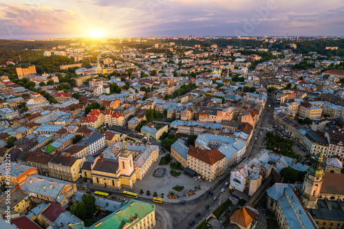 Lviv historival city center skyline at sunset