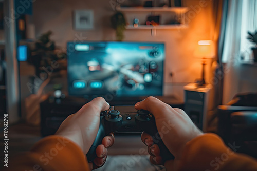 Close-up of male hands holding gamepad and playing video games at home