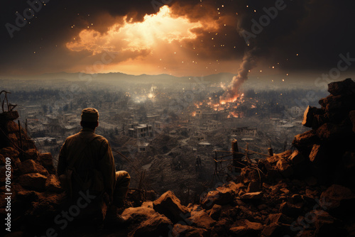 View from the back of a military man from a destroyed building onto a destroyed city, explosions. War in Ukraine, Israel, countries in conflict. Destruction. A crisis. Terrorism
