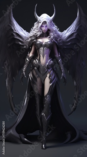 girl devil in the hood with horns, long white hair, and large black wings, with bleeding purple eyes, armor dressed, and angry expressions on her face, character fantasy, the devil