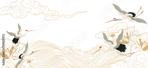 Japanese template with hand drawn wave vector. Oriental template with abstract background in vintage style. Crane birds decoration.