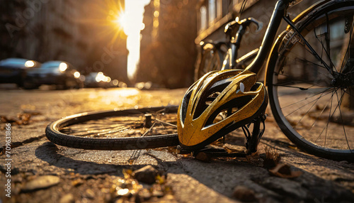 Closeup of a helmet and bicycle lying on the road after an accident. Generative Ai.