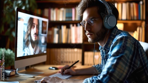 Male student wearing headphones conference video calling, watching webinar, online training class, virtual chat meeting with remote teacher or coach distance learning using computer, Generative AI