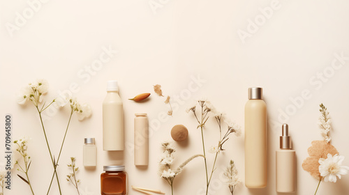 composition of cosmetics minimalism beige background