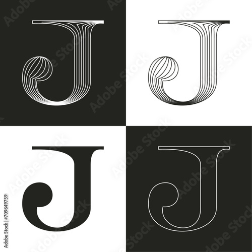 Luxury wedding J letter logo. Elegant classic serif font made of thin parallel lines. Decorative vintage emblem for Super Sale. VIP calligraphy for luxury Victorian invitation, lingerie, jewelry card.