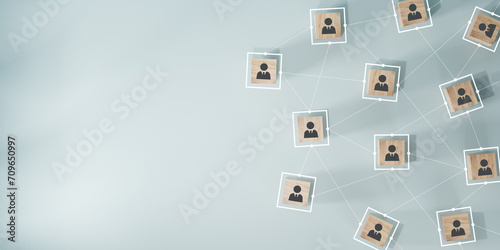 teamwork concept. Wooden cube block print screen person icon which link connection network for organisation structure social network.