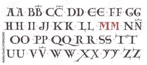 Carolingian Majuscule alphabet. Old Romanesque font from 13th century. Square Capitals from medieval manuscript. Upper-case lettering, the base for Lombardic capitals. Elegant classic serif font.