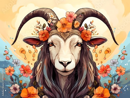 illustration of a colorful goat with a flower crown on its head. generative ai