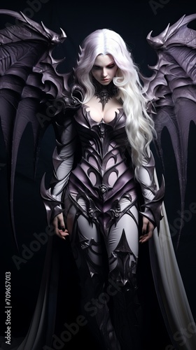 The full body of a woman devil in the hood with horns, long white hair, and large black wings, with bleeding purple eyes, armor dressed, and angry expressions on her face, character fantasy, the devil